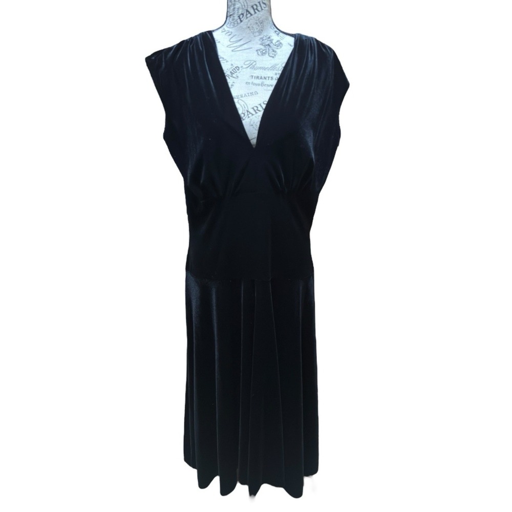 Vtg Y2K Black Velvet Maxi Dress 16 Empire Waist Plunge‎ V Neck Hi Lo Whimsigoth